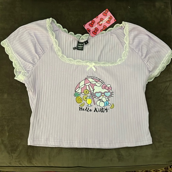New Hello Kitty Shein Lavender Lace Trim Crop Top Size XL - Picture 2 of 5